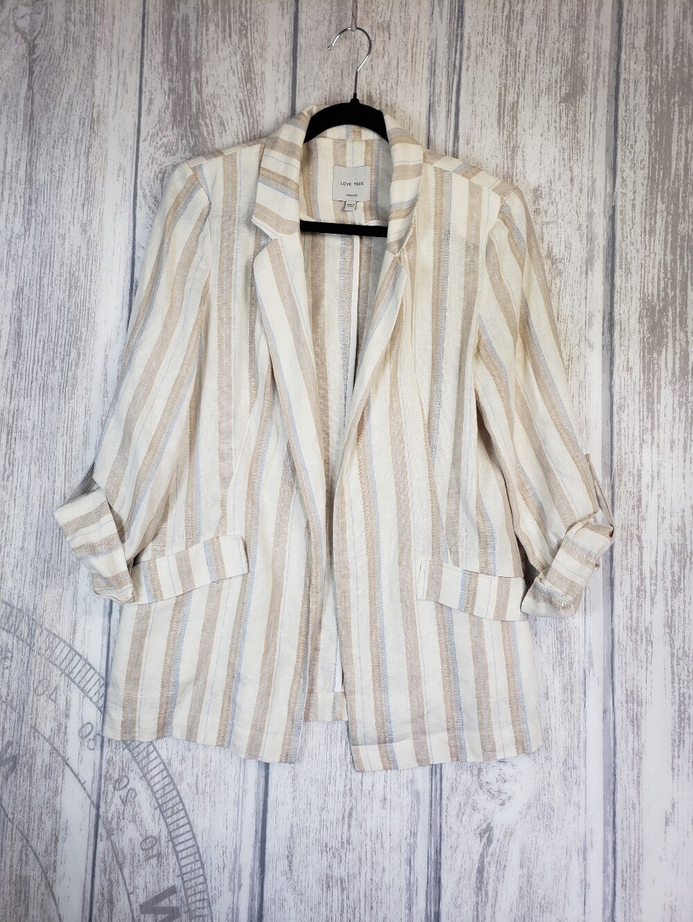 Love Tree Womens Linen/Viscose Striped Blazer Sz Medium Roll Tab Sleeves